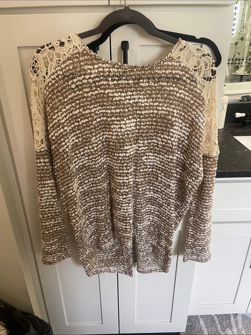 Areve Brown and Cream Long Sleeve Knit Top with Lace Yoke